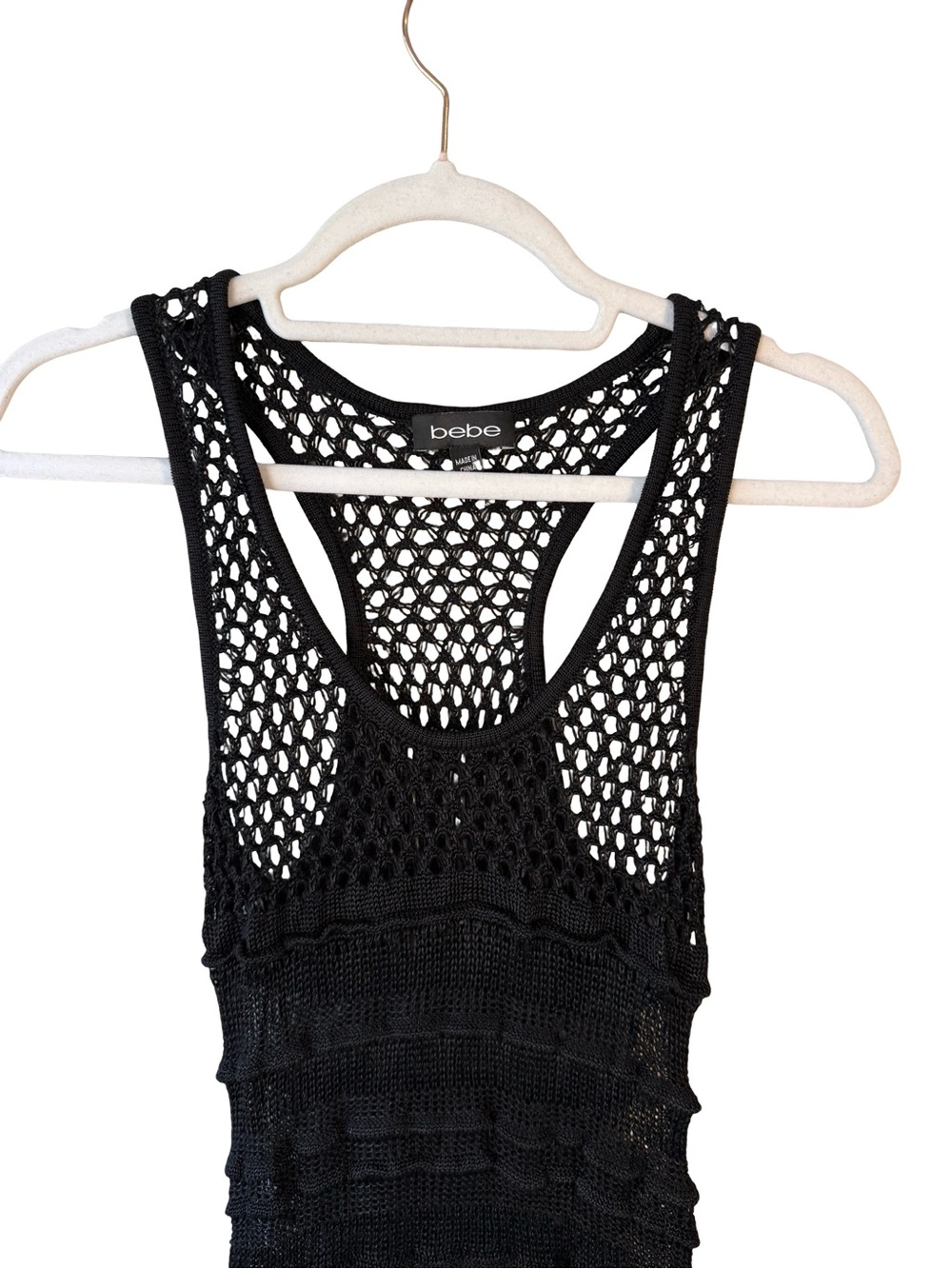 bebe Black Open-Knit Crochet Mini Tank Dress Cover Up Size S Y2K Boho Beach - Picture 8 of 11